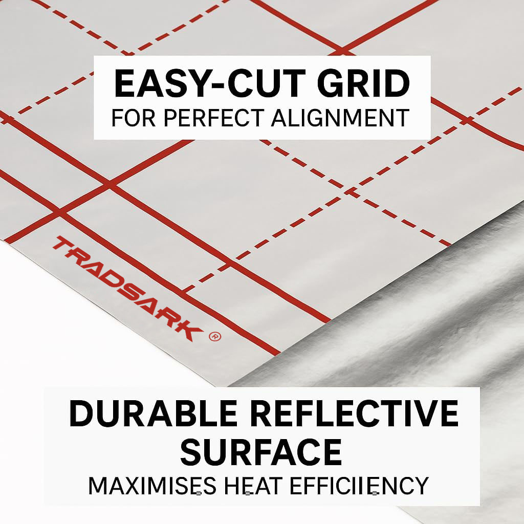 Energy-saving reflective film applied beneath underfloor heating pipes to reflect heat upwards