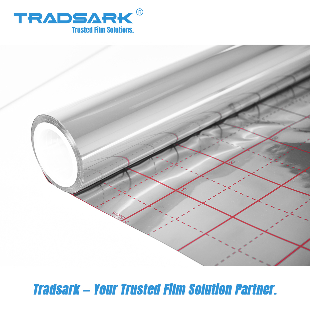 Floor heating reflective film four-layer composite structure showing aluminum foil, PE adhesive, polyester film, and fiberglass layer