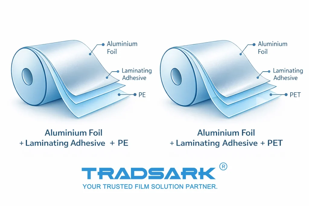 What are the structural differences between PE and PET silver Mylar reflective films?