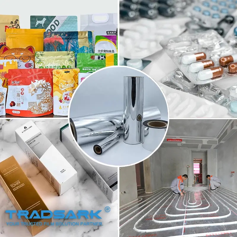 Diverse industrial applications of TRADSARK aluminized PET film including food packaging, thermal insulation, and electronics.