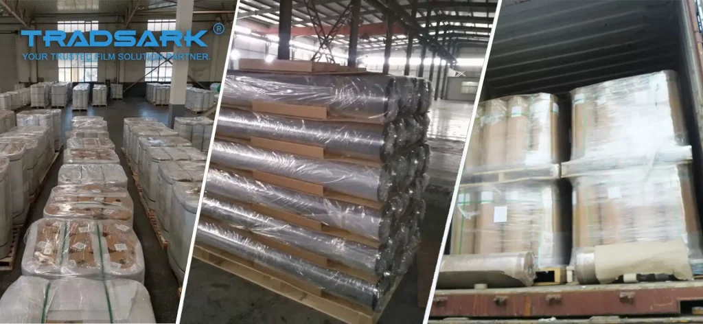 Bulk distribution and global shipping of tradsark reflective mylar film, featuring reinforced pallet packaging for international sea and air freight.