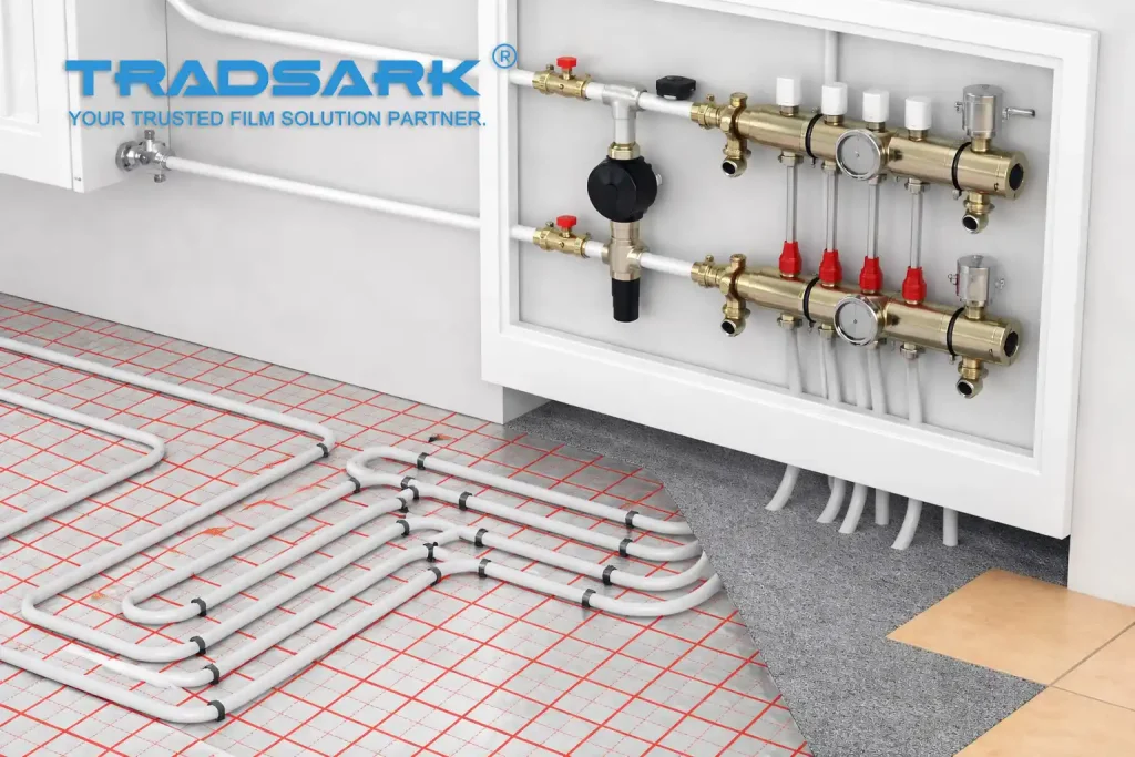 5-layer underfloor heating insulation membrane with aluminum foil core showing BOPP, PET, and PET/PE composite structures for radiant floor heating systems