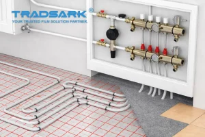 5-layer underfloor heating insulation membrane with aluminum foil core showing BOPP, PET, and PET/PE composite structures for radiant floor heating systems