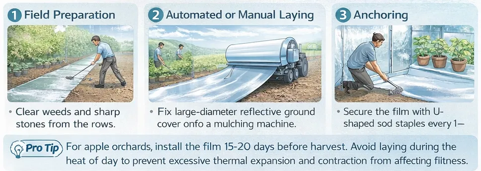 Installing agricultural reflective film as ground cover in outdoor orchards for apples and grapes, featuring high tensile strength and wind resistance by tradsark.