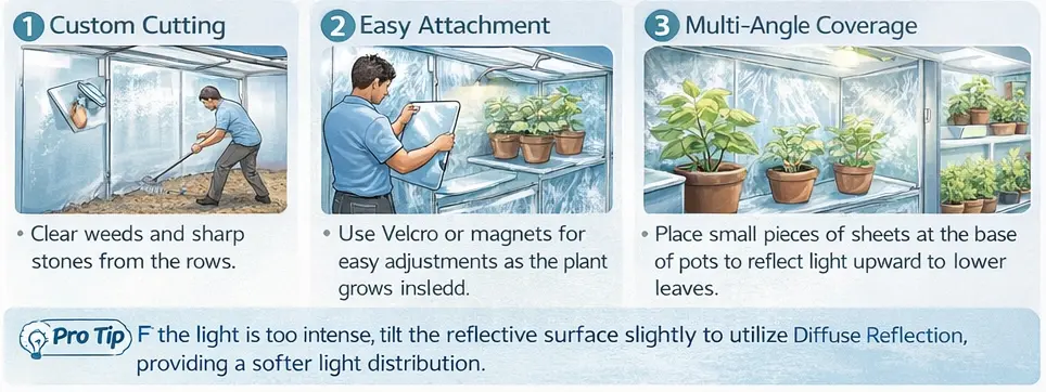 DIY home gardening setup using flexible reflective mylar sheets for grow boxes and shelving, featuring multi-angle coverage for indoor seedlings.