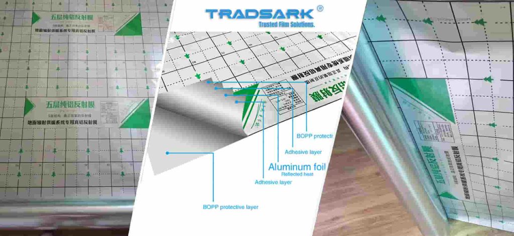 Tradsark 5-layer underfloor heating insulation membrane showing dual BOPP layers, aluminum foil core, and adhesive layers