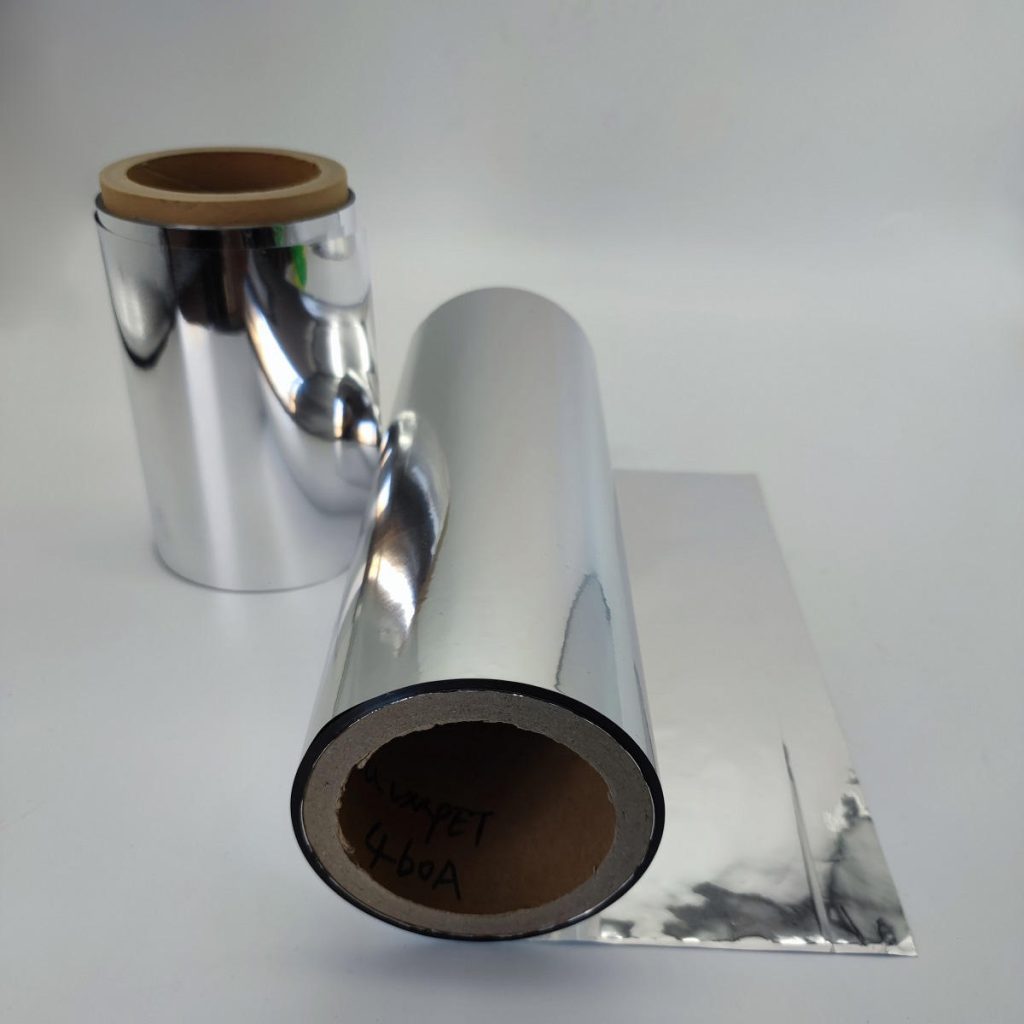 Typical performance data table for metallized BOPP film including thickness, tensile strength MD/TD, elongation, WVTR, OTR, and sheet resistance reference values.