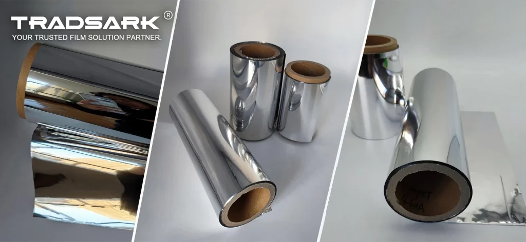 Metallized BOPP film structure showing biaxially oriented polypropylene base with vacuum-deposited aluminum layer and defined A/B sides for printing and lamination.