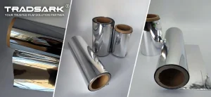 Metallized BOPP film structure showing biaxially oriented polypropylene base with vacuum-deposited aluminum layer and defined A/B sides for printing and lamination.