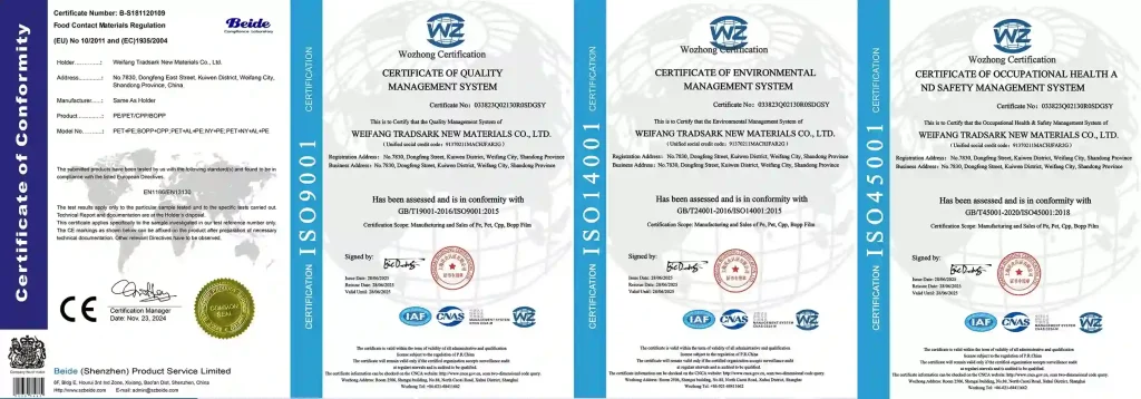 TRADSARK food-grade aluminized PET film certified by FDA, EC, and ISO for safe food packaging.