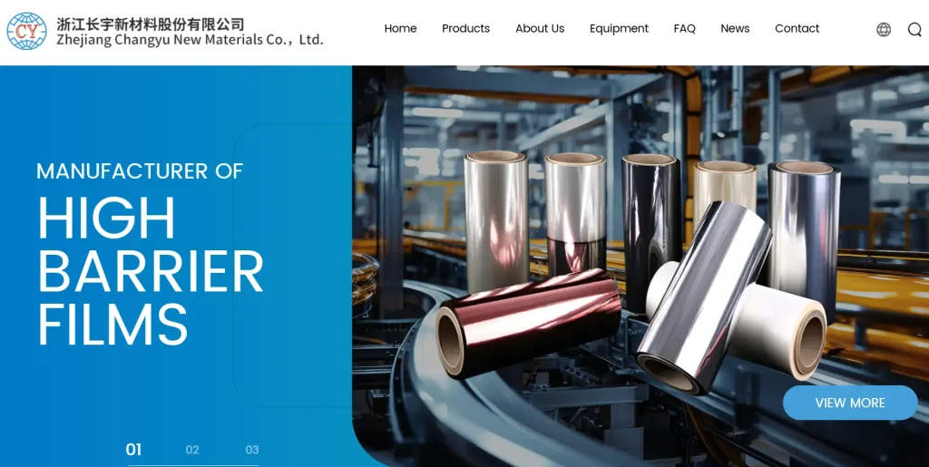 Official homepage screenshot of Zhejiang Changyu New Materials, a China metallized film manufacturer listed in an evidence-based Top 10 guide.