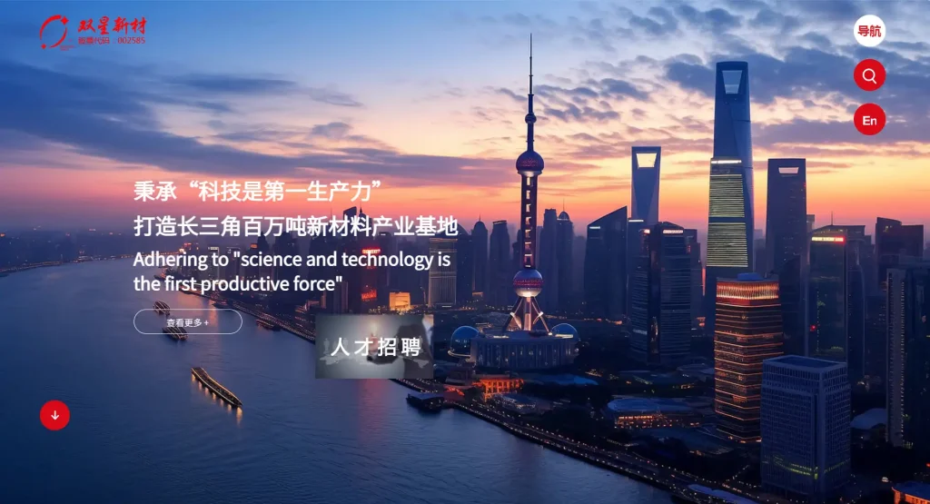 Official homepage screenshot of Jiangsu Shuangxing New Materials (SZ002585) for metallized film sourcing research and supplier verification.