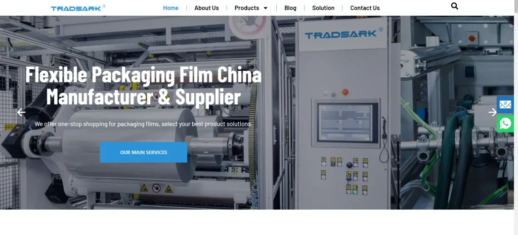 Official homepage screenshot of Tradsark New Materials (Weifang) Co., Ltd., an export-oriented film manufacturer listed in the Top 10 evidence-based guide.