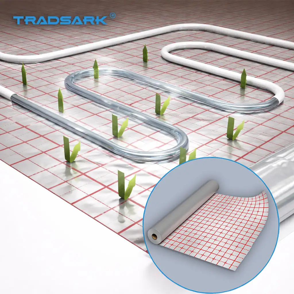 Tradsark UFH reflective membrane rolls for European export, total thickness 0.35/0.45/0.55 mm, aluminum foil core 7 μm or 9 μm