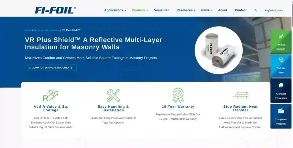 FI-FOIL official website screenshot for reflective insulation systems and radiant barrier products