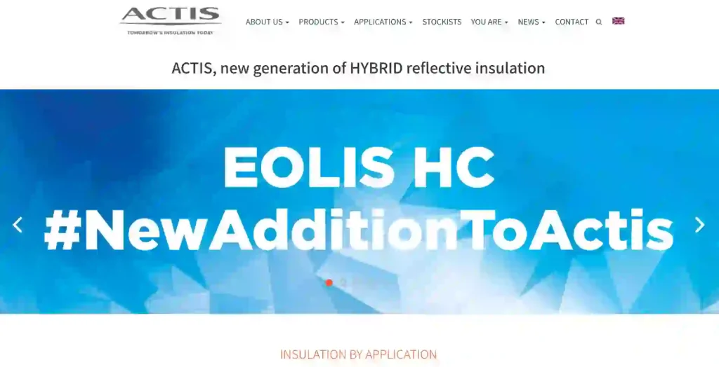 ACTIS official website screenshot for reflective and hybrid insulation products in Europe