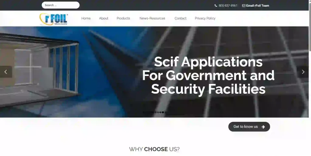 rFOIL Covertech official website screenshot for radiant barrier and bubble foil insulation products