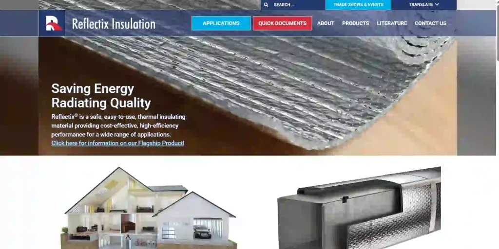 Reflectix official website screenshot for reflective insulation and radiant barrier products