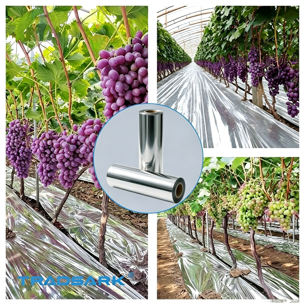 Tradsark PE metallized reflective mulch film laid in grape orchard to reflect sunlight and improve fruit coloring